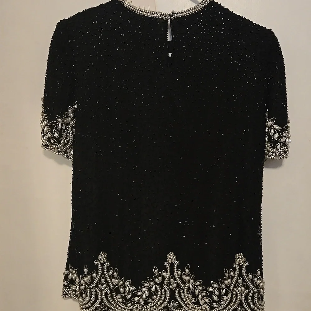Laurence Kazar 100 Percent Silk Black and Silver Beaded Blouse Size Medium